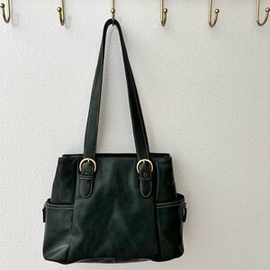 Vintage Emerald Green Leather Tote Bag with Golden Buckle Accents